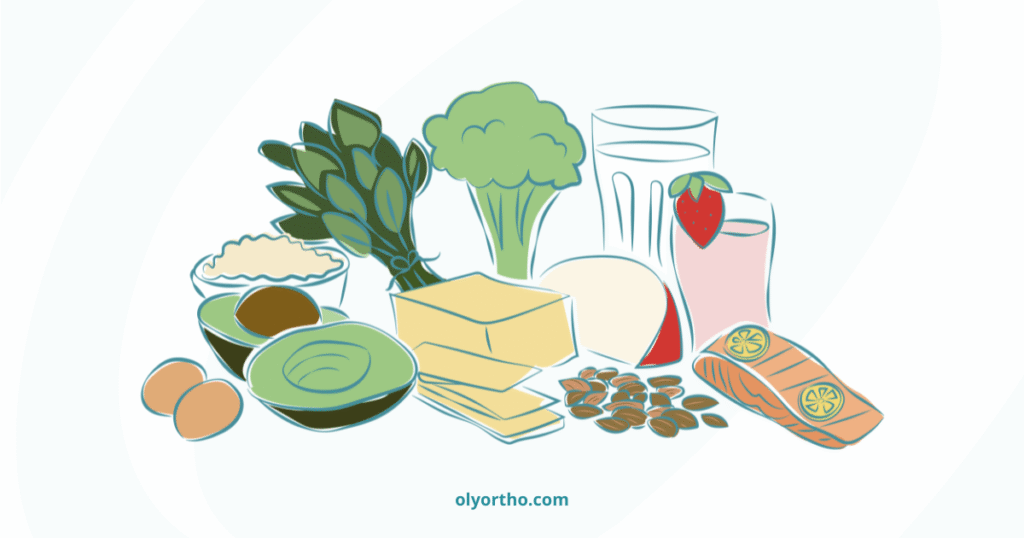 Illustration of bone-healthy nutrition options, including calcium- and vitamin D-rich foods such as milk, yogurt, leafy greens, salmon, eggs, and certain cereals.